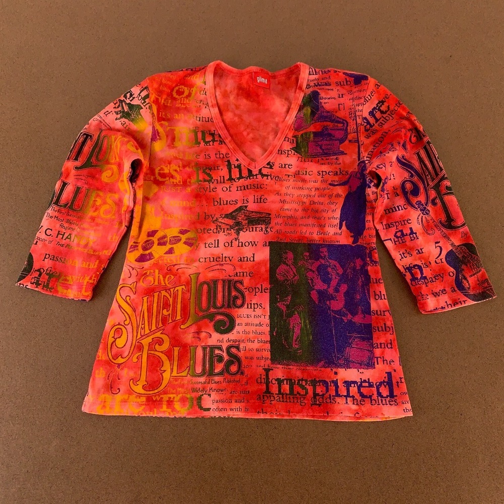 Glima‎ Women's Size Small Colorful Print St Louis Blues 3/4 Sleeve V Neck Top